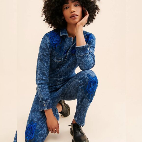 Tricia Fix embellished upcycled floral denim jumpsuit ~ L - Picture 3 of 10